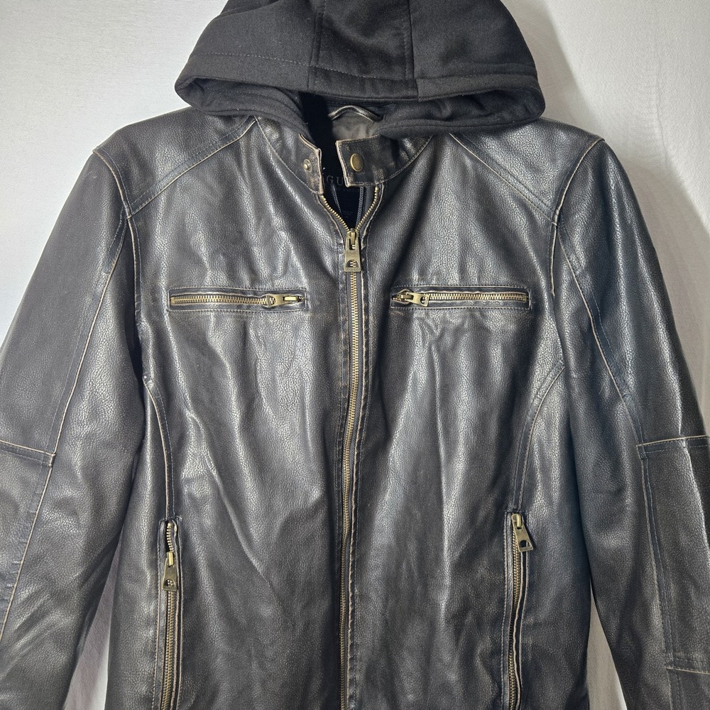 Guess Jacket Faux Leather Men's Medium Black Motorcycle Detachable Hood Lined